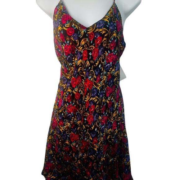 100% Silk Vintage Red & Purple Roses, Mini Length Slip Sundress, Size Medium NEW - Picture 2 of 8